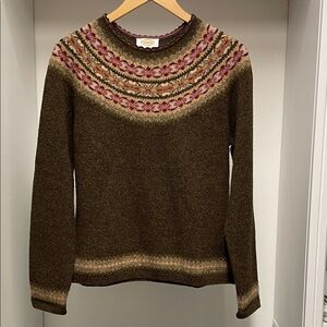 Talbots Vintage 100% Lambswool Fair Isle Sweater Olive Brown Nordic Size L